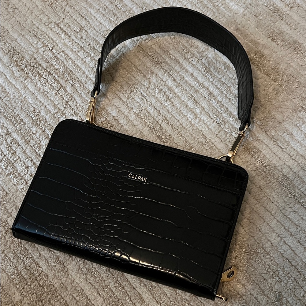 CALPAK Black Croc-Embossed Travel Wallet with Handle